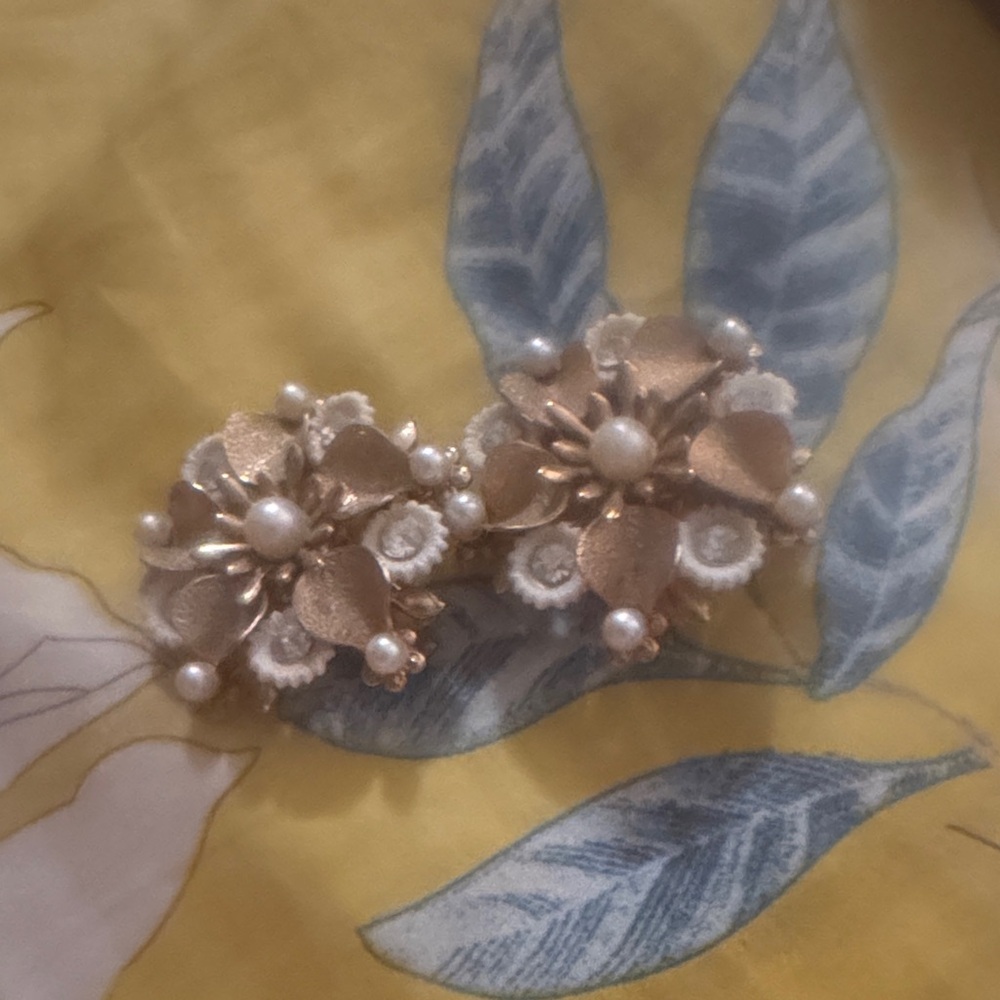 Gold Floral Faux-Pearl and Diamond-Like Cluster Clip-On Earrings